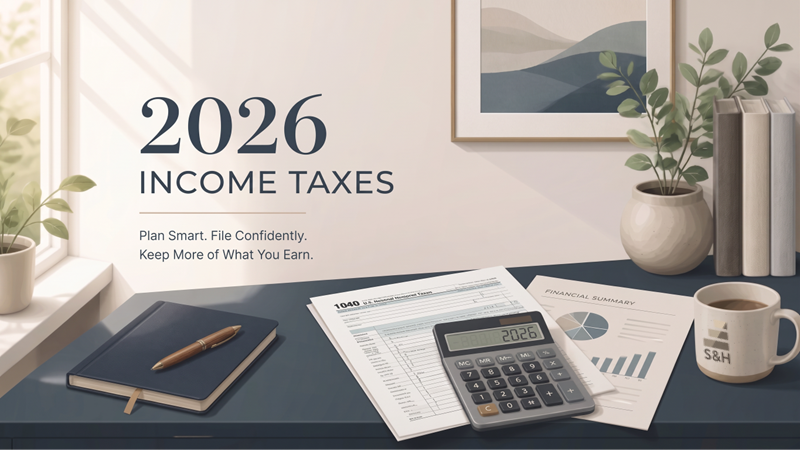 table with planner, tax returns, calculator, financial documents for year end 2026 tax planning